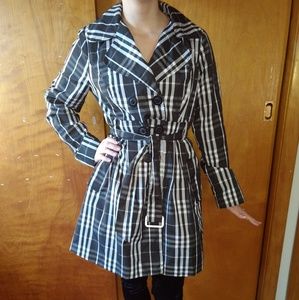 Black, White, Grey Plaid Trench Coat/Jacket